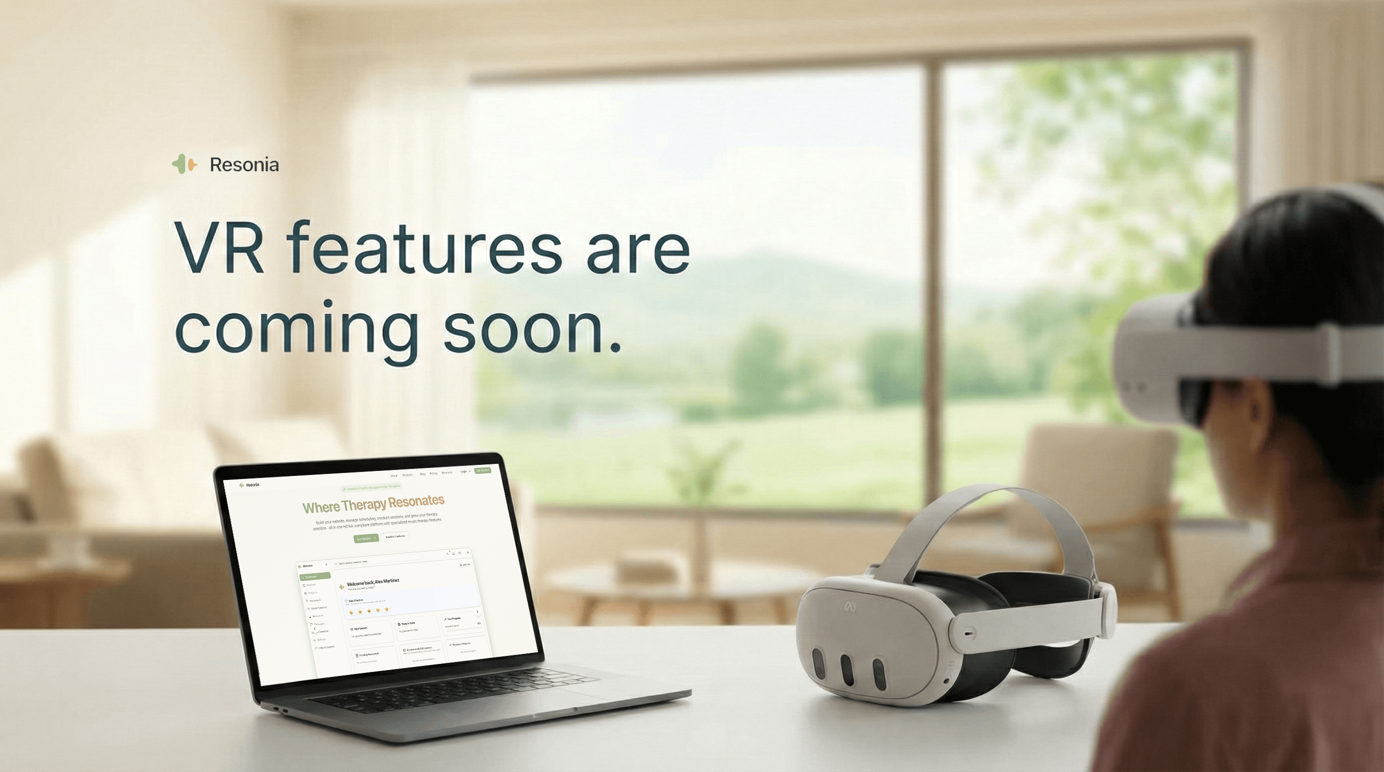 VR features are coming soon - Person using VR headset with Resonia platform