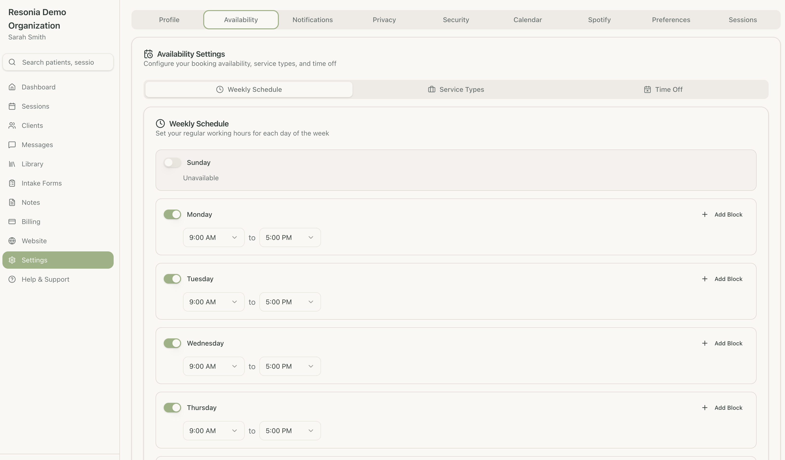 Availability Settings